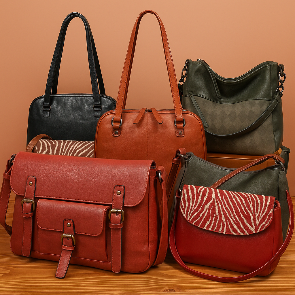 Een collectie van zes stijlvolle damestassen in verschillende modellen en kleuren, waaronder zwart, bruin, rood en olijfgroen, sommige met dierenprintdetails, gepresenteerd tegen een warme oranjebruine achtergrond.