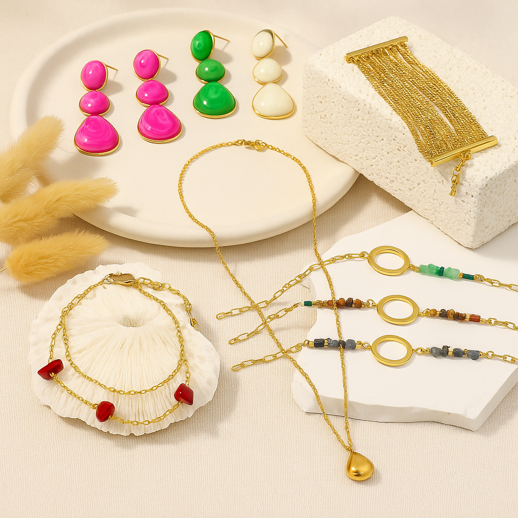 Een stijlvolle flatlay van diverse sieraden, waaronder felgekleurde hangoorbellen, gouden armbanden met kralen en kettingen, gepresenteerd op neutrale ondergronden met zachte decoratie.
