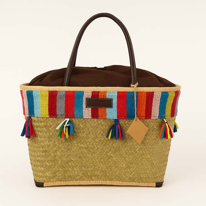 Handgemaakte Penjy mand met leren handvatten