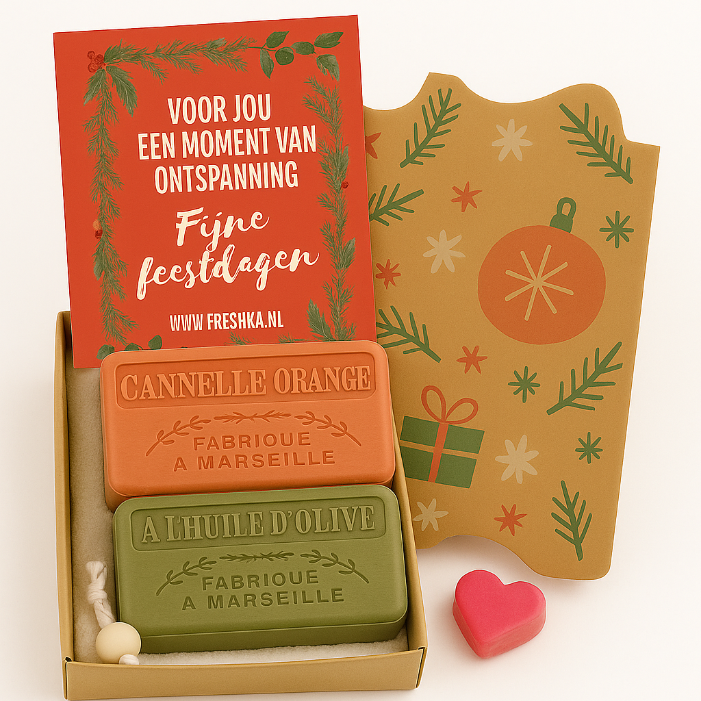 Kerst cadeaupakket Marseille zeep hartzeepje en zeepzakje