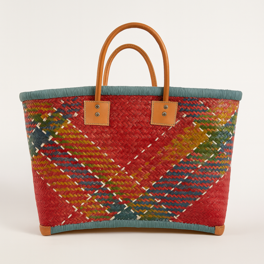 Multicolor rieten tas met leren handvatten blauw
