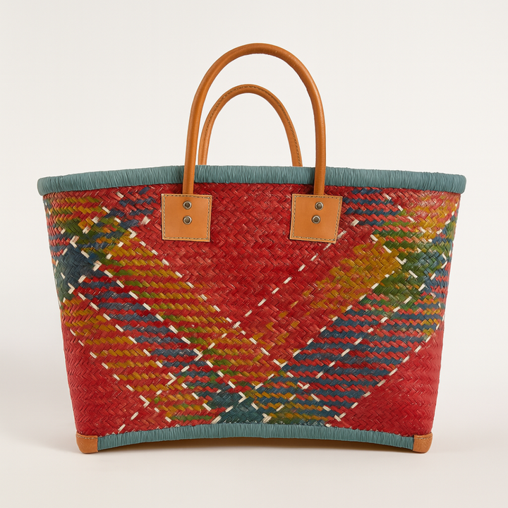 Multicolor rieten tas met leren handvatten blauw
