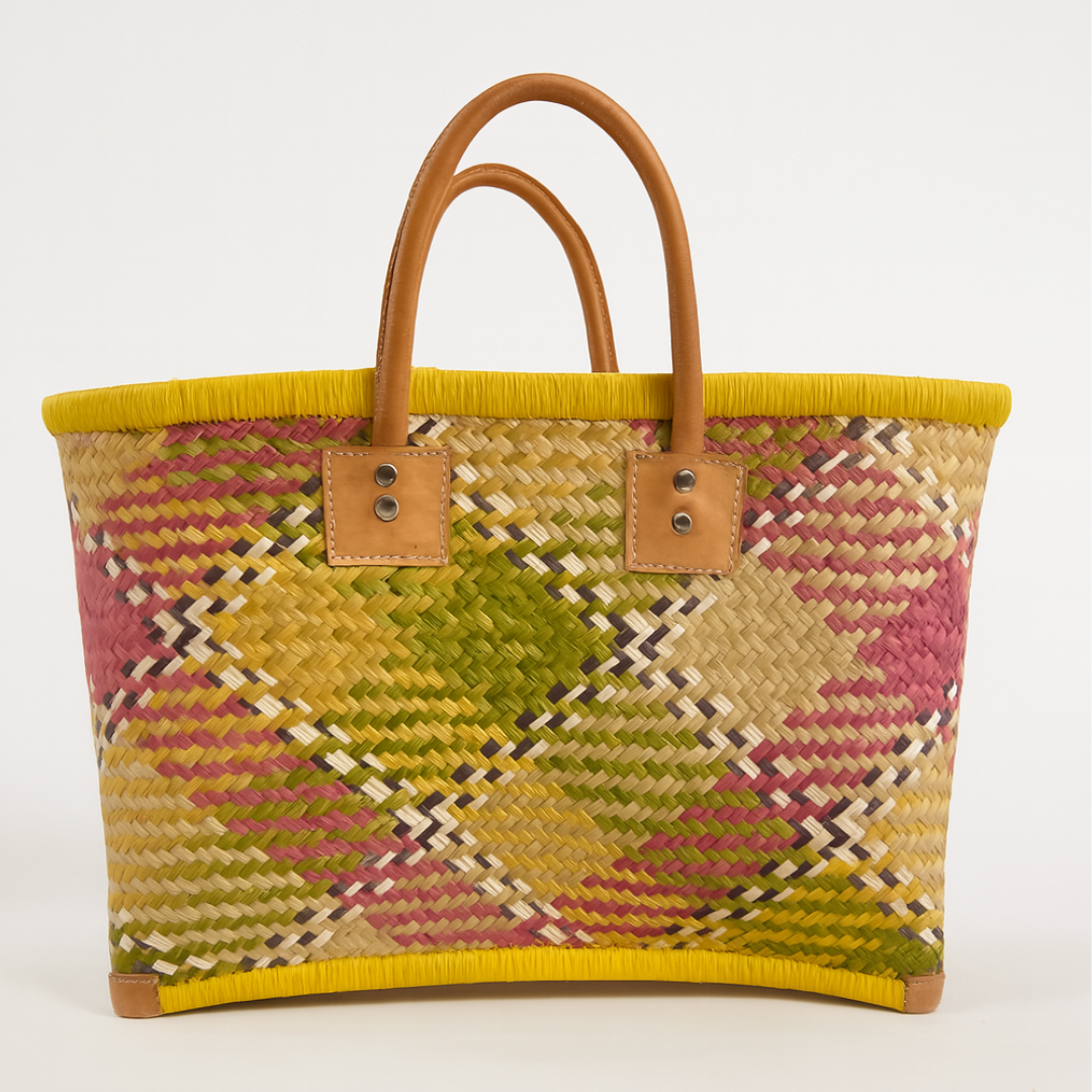 Multicolor rieten tas met leren handvatten geel