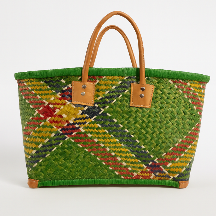 Multicolor rieten tas met leren handvatten groen