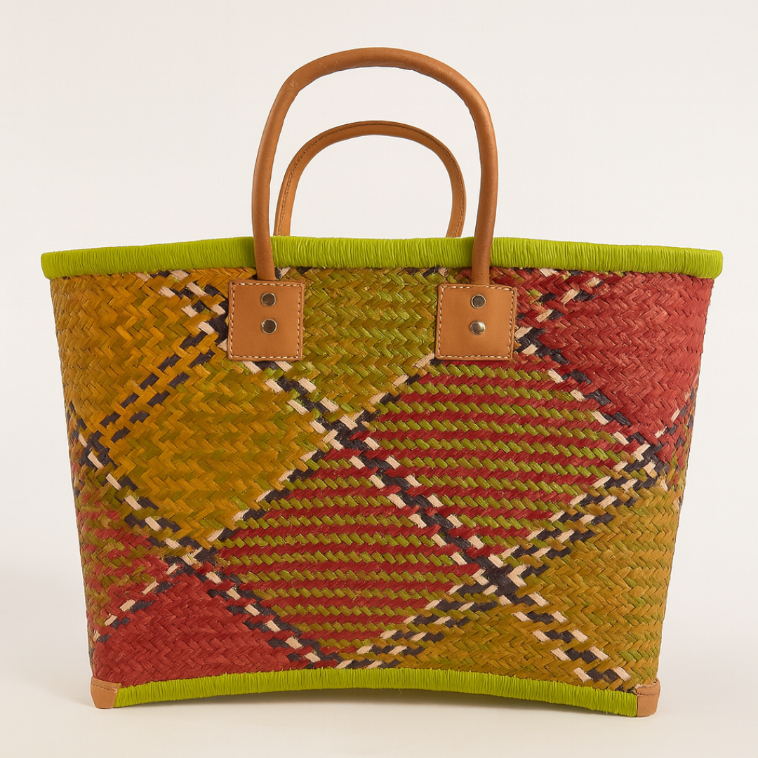 Multicolor rieten tas met leren handvatten mintgroen