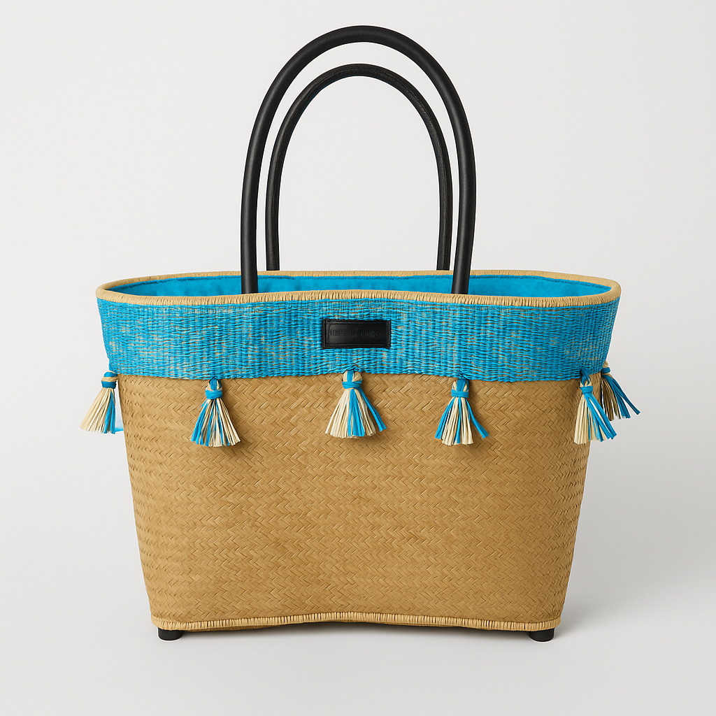 Handgemaakte Penjy mand Turquoise met leren handvatten