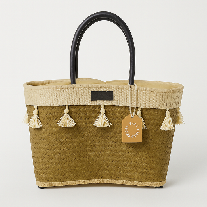 Handgemaakte Penjy mand beige met leren handvatten