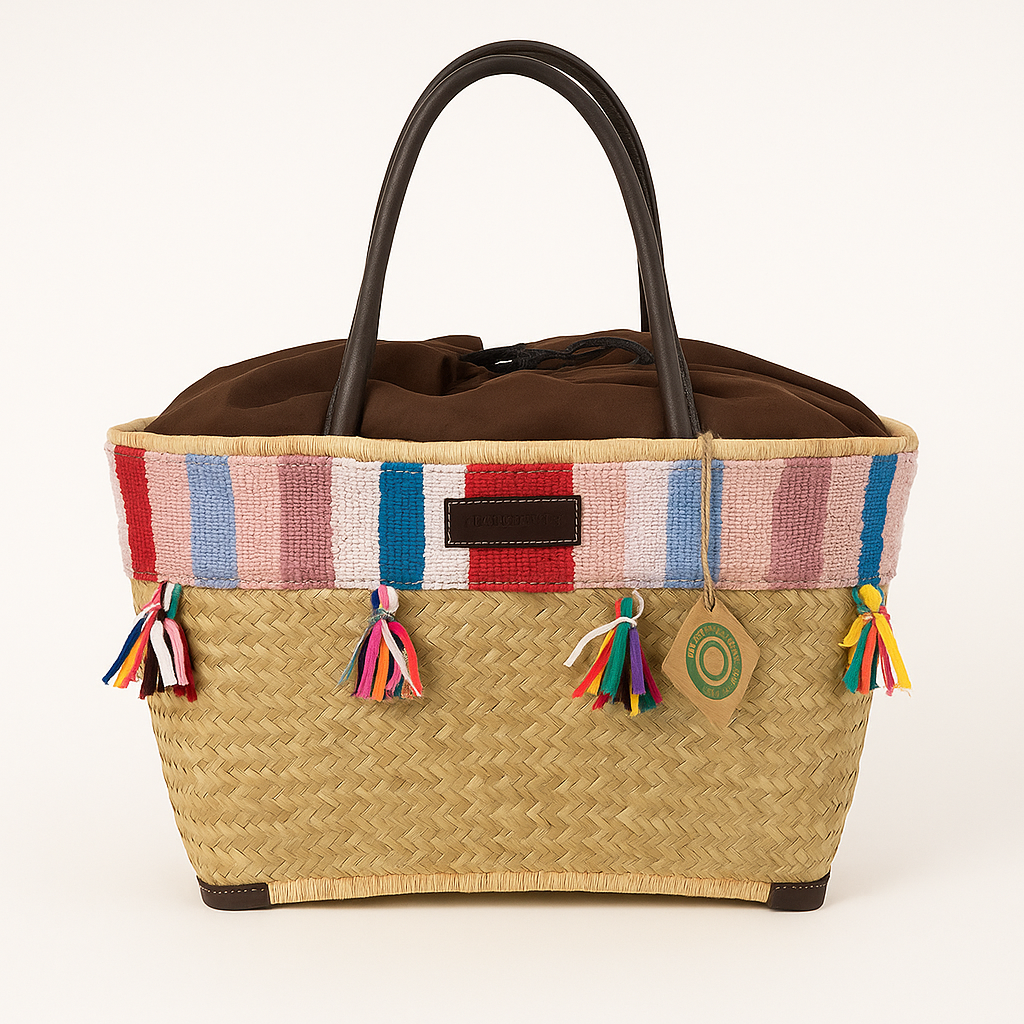 Handgemaakte Penjy mand multicolor met leren handvatten 