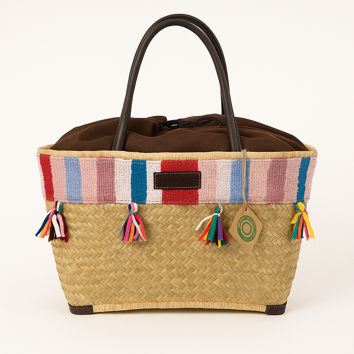 Handgemaakte Penjy mand multicolor met leren handvatten 