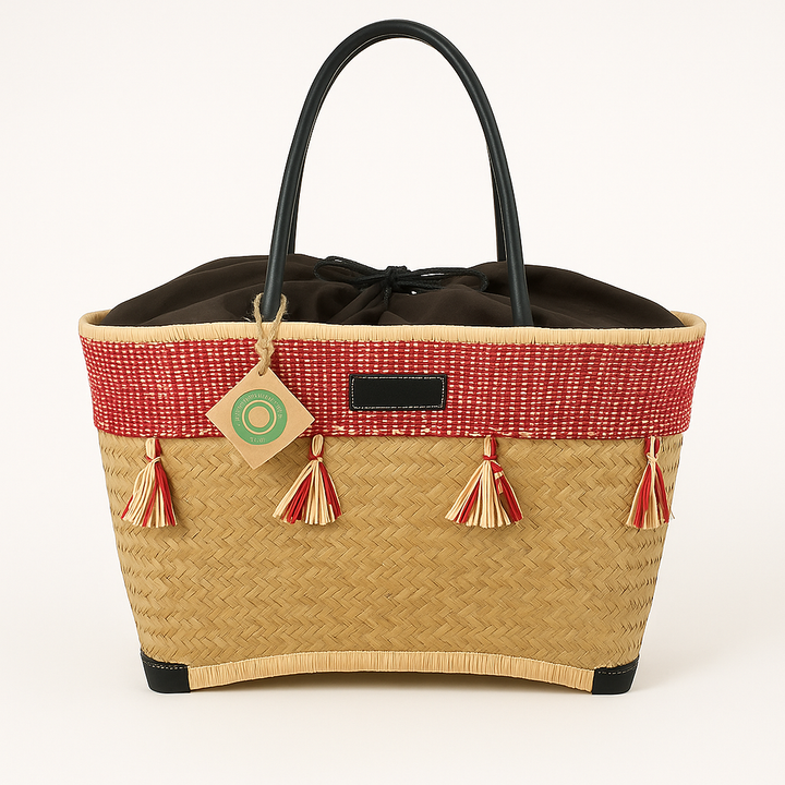 Handgemaakte Penjy mand multicolor met leren handvatten rood