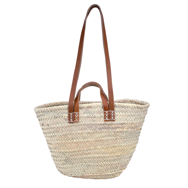 Handgemaakte palmblad mandtas met leren handvatten