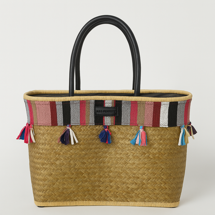 Handgemaakte Penjy mand multicolor met leren handvatten