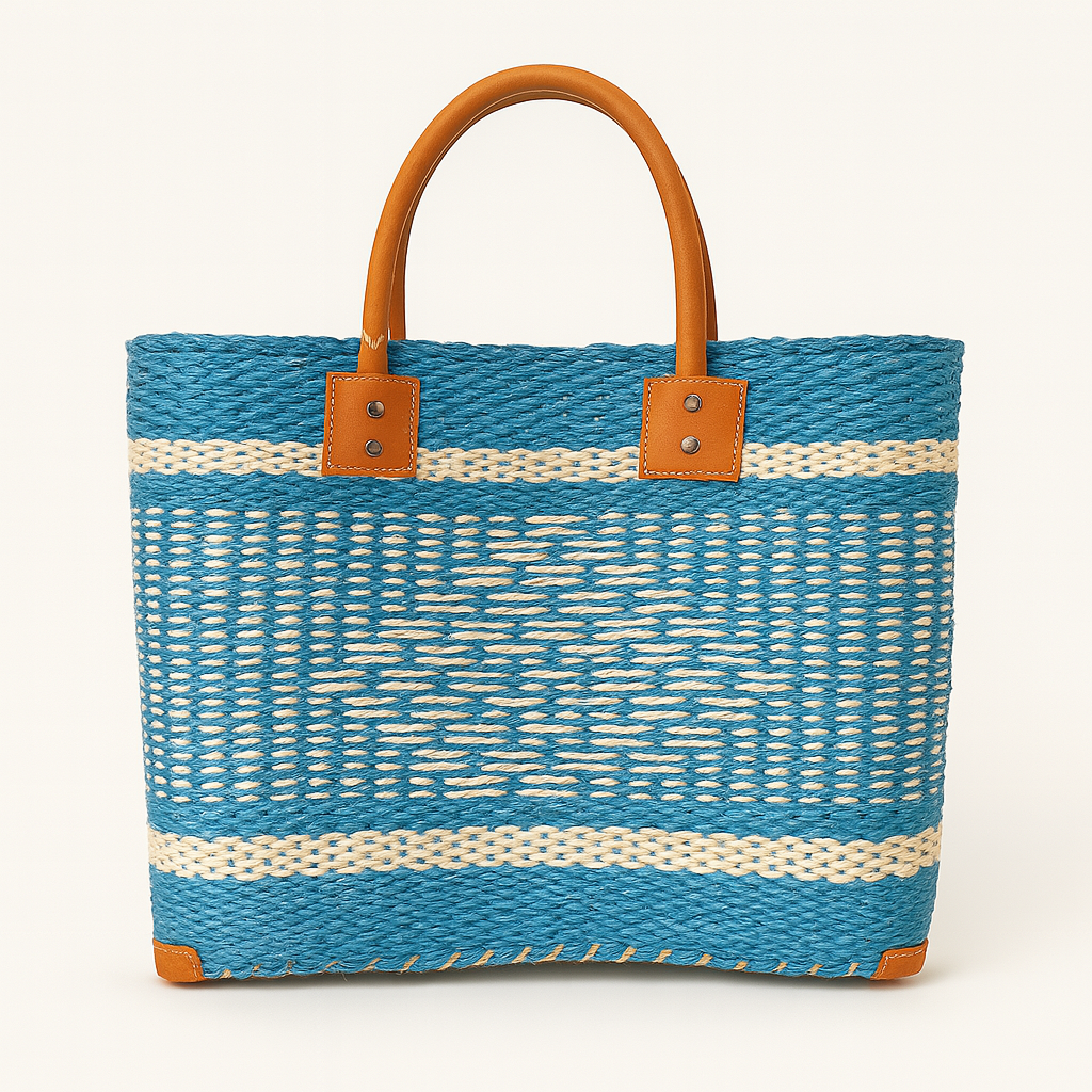 handgemaakte sisal mand met korte leren handvatten blauw