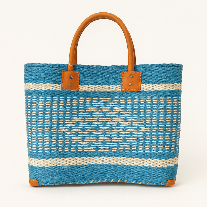 handgemaakte sisal mand met korte leren handvatten blauw