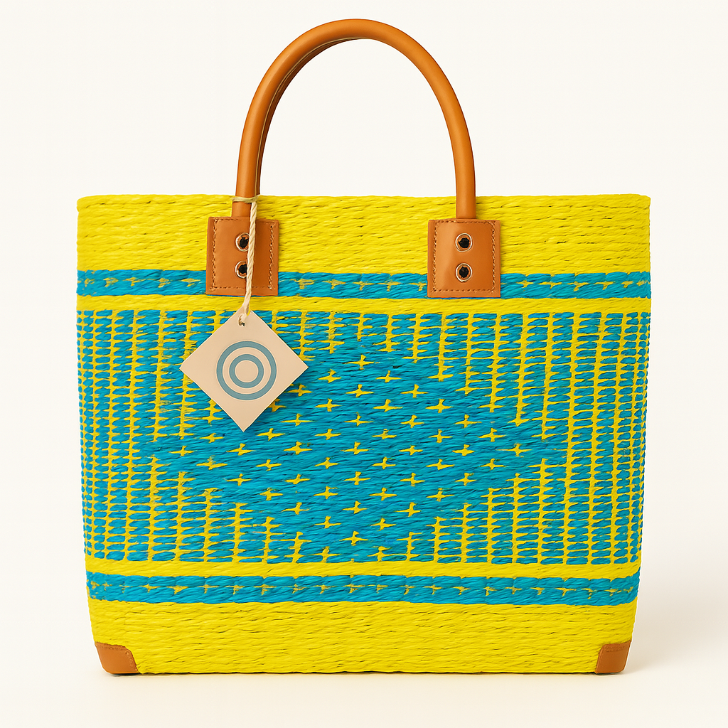 handgemaakte sisal mand met korte leren handvatten geel