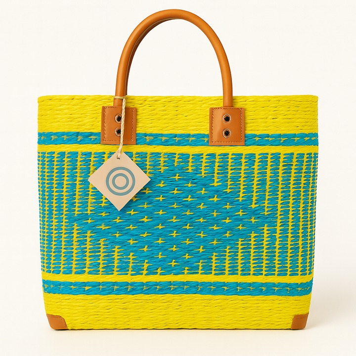 handgemaakte sisal mand met korte leren handvatten geel