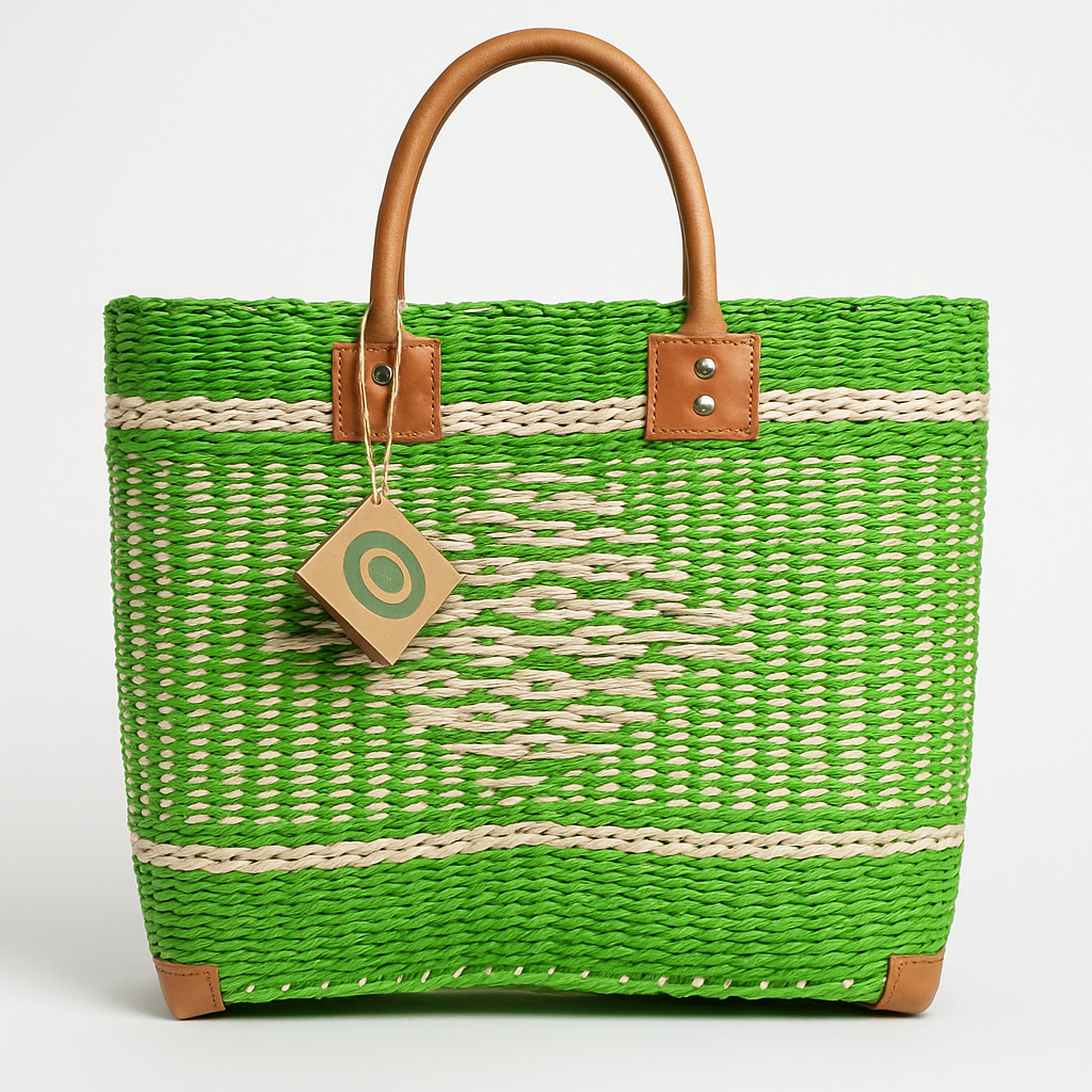 handgemaakte sisal mand met korte leren handvatten groen