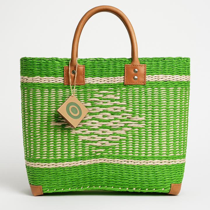 handgemaakte sisal mand met korte leren handvatten groen