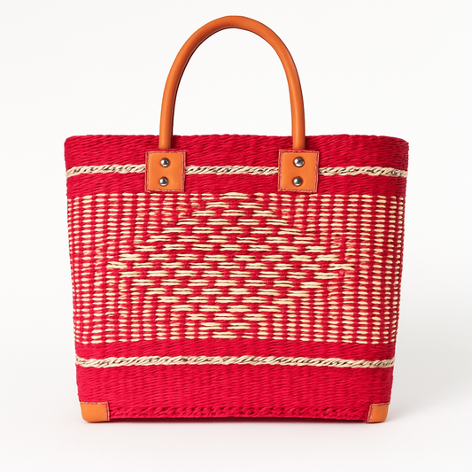 handgemaakte sisal mand met korte leren handvatten rood